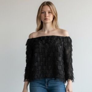 Zara NWOT Shaggy Feather Fringe Off the Shoulder Blouse Semi Sheer size Large